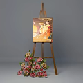 Wooden Easel With Colorful Painting And Fresh Flower Bouquet For Home Decor