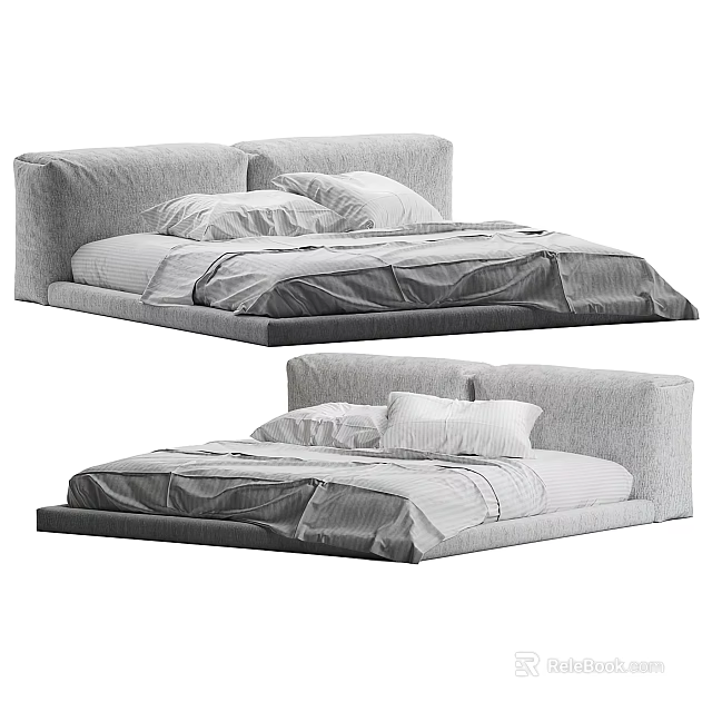 Gray Upholstered Double Bed with Minimalist Design Soft Pillows and Cozy Bedding 3d model 