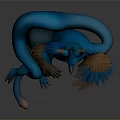 Blue Mythical Creature with Feathered Wings Red Eyes Claws and Long Tail Lying on Dark Background