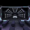 Modern Indoor Space With Purple Neon Frames Large Screens And Tables
