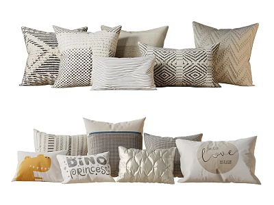 Decorative Throw Pillows With Geometric Patterns Text Designs Quilted Texture And Animal Prints 3d model