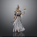 Elegant Mythical Female Character With Long White Hair Purple And White Dress Holding Crystal Staff