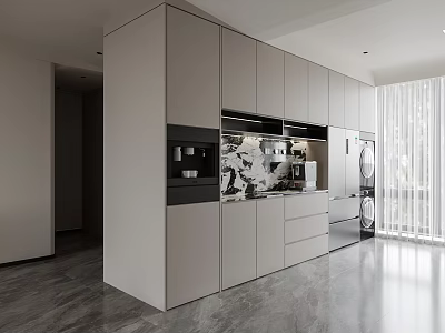 Modern Sideboard Cabinet In Kitchen With White Cabinets Marble Countertop And Appliances 3d model
