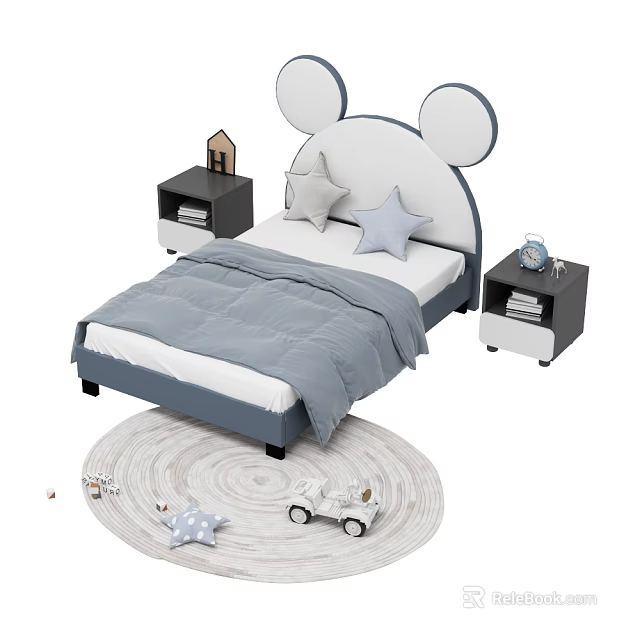 Kids Bed Mickey Ear Headboard Gray Quilt Star Pillow Nightstands Round Rug And Toy Car 3d model 