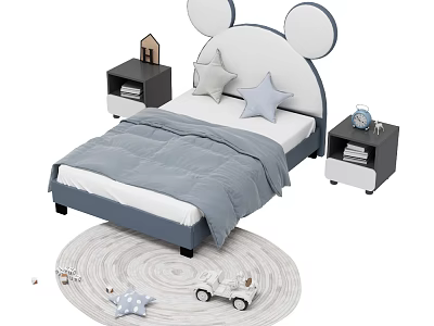 Kids Bed Mickey Ear Headboard Gray Quilt Star Pillow Nightstands Round Rug And Toy Car 3d model