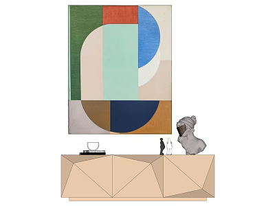 Modern Abstract Painting With Geometric Shapes And Vibrant Colors On Console Table With Sculpture 3d model