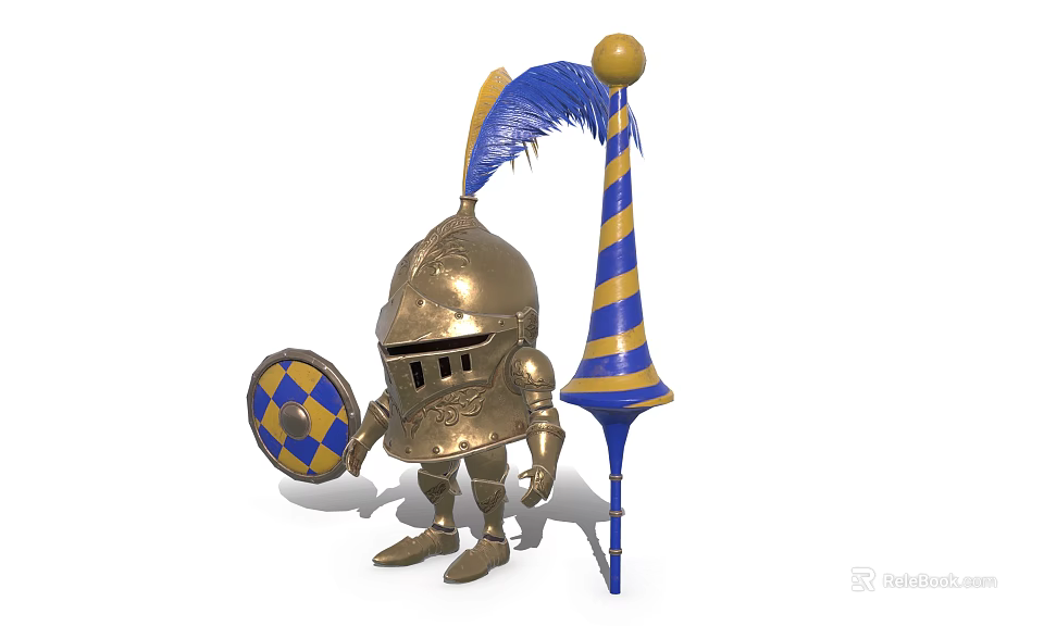 Game Movie Character In Golden Armor With Blue Feather Shield And Spear 3d model 