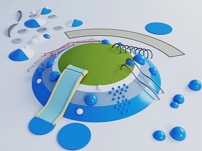 Children's Playground Feature Wall with Green Circular Area Blue Steps Slide and White Circular Decorations 3d model