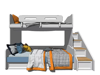 Bunk Bed with Staircase and Colorful Bedding Including Blue Yellow and Checkered Covers 3d model