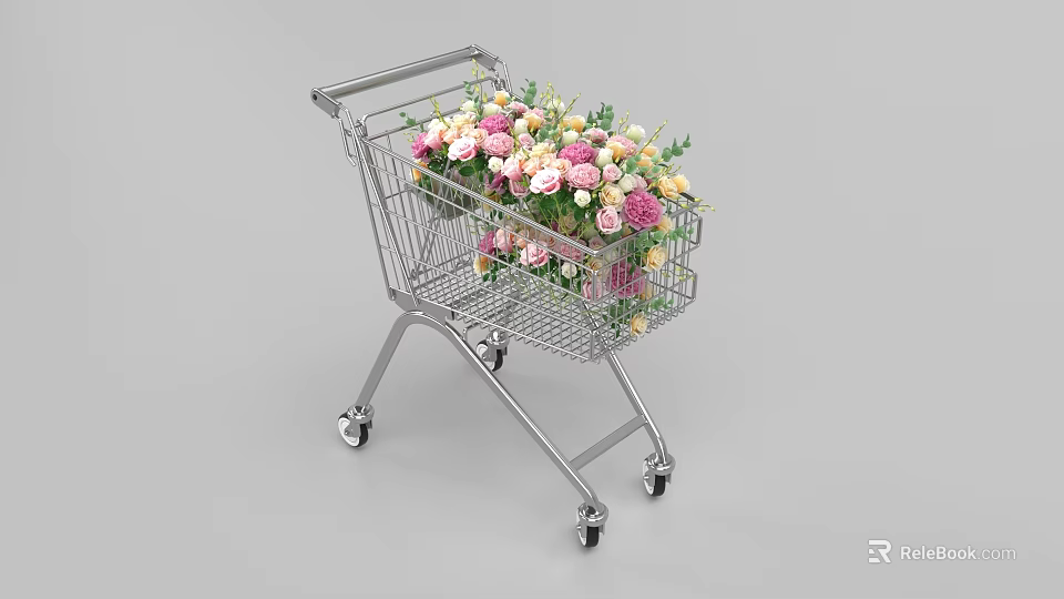 Elegant Floral Display in Shopping Cart with Pink White Yellow Flowers and Green Leaves 3d model 