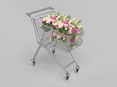 Elegant Floral Display in Shopping Cart with Pink White Yellow Flowers and Green Leaves 3d model