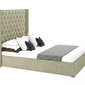 Elegant Double Bed With Tall Diamond Tufted Headboard Light Gray Fabric And Pillows 3d model