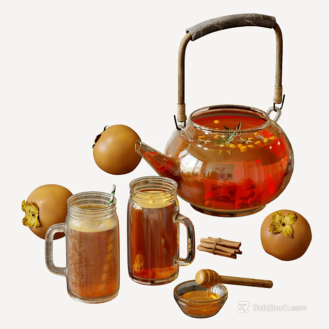 Elegant Tea Set With Glass Teapot Mugs Persimmon Fruits Cinnamon Sticks Honey 3d model 