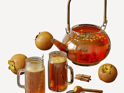Elegant Tea Set With Glass Teapot Mugs Persimmon Fruits Cinnamon Sticks Honey 3d model