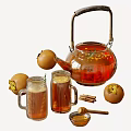 Elegant Tea Set With Glass Teapot Mugs Persimmon Fruits Cinnamon Sticks Honey