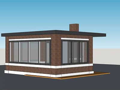 Small Building With Brown Brick Walls Large Glass Windows Black Roof White Trim And Chimney 3d model