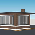 Small Building With Brown Brick Walls Large Glass Windows Black Roof White Trim And Chimney