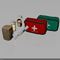 First Aid Supplies With Red Green Kits Cross Symbol Medicine Bottles Thermometer And Brown Pouch