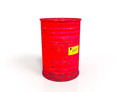Red Metal Oil Drum With Yellow Warning Label And Rustic Surface 3d model