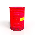 Red Metal Oil Drum With Yellow Warning Label And Rustic Surface