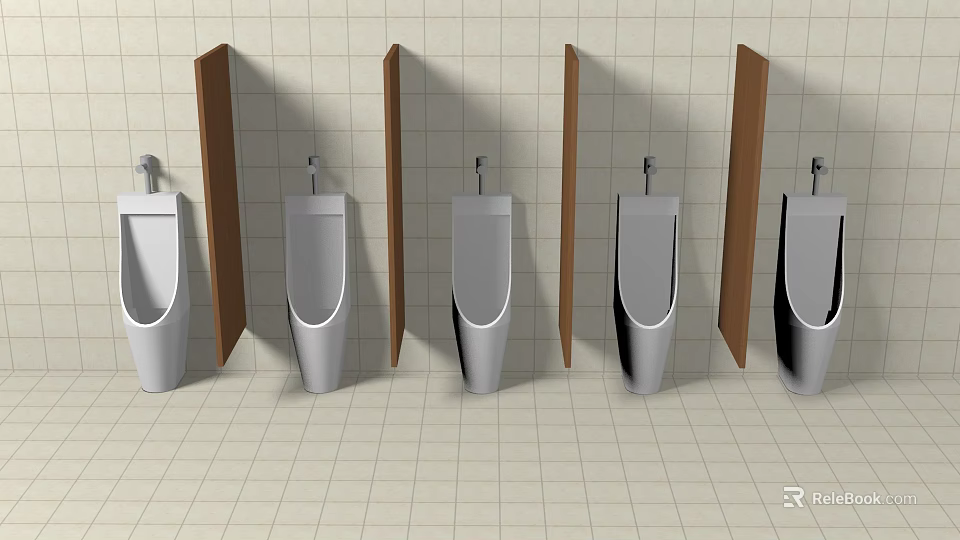 Row of Urinals with Wooden Partitions in Bathroom with Light Tile Walls and Floor 3d model 