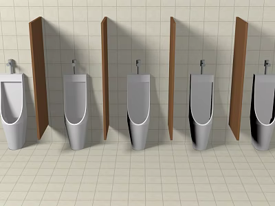 Row of Urinals with Wooden Partitions in Bathroom with Light Tile Walls and Floor 3d model