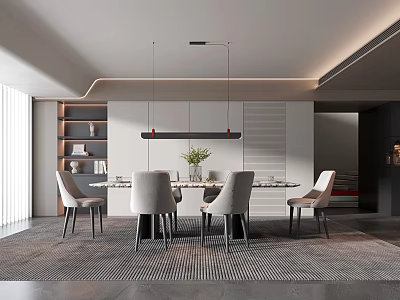 Elegant Modern Restaurant Interior With Dining Table Chairs Pendant Lights And Bookshelf 3d model