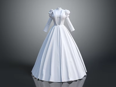 Elegant White Formal Gown With Long Sleeves Puffed Shoulders And Full Skirt 3d model