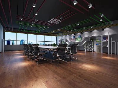 Modern Meeting Room Interior Design With Long Table Chairs Large Windows And Wooden Flooring 3d model