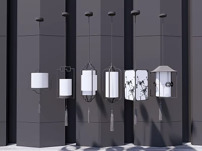 Modern Chinese Style Pendant Lights With Various Shapes And Patterns On Dark Wall 3d model