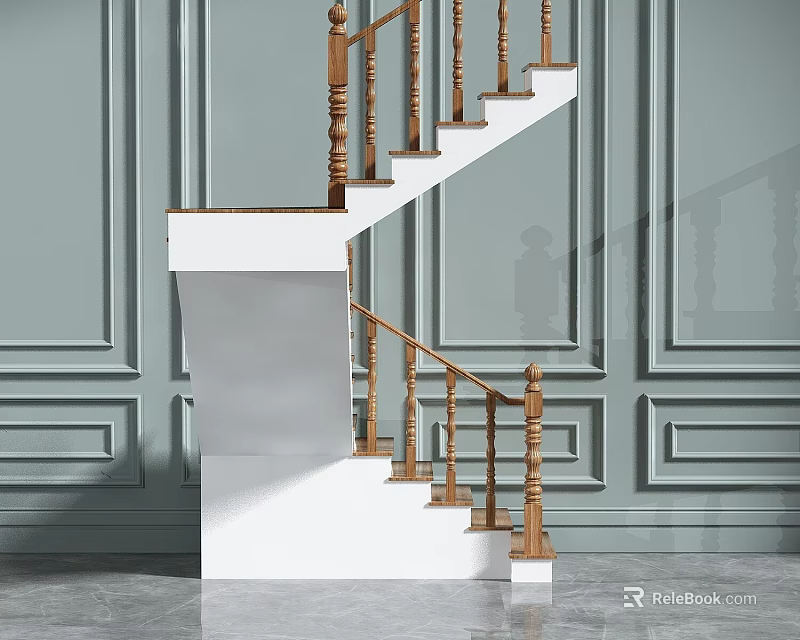 Staircase Components With Wooden Handrail White Steps And Paneled Gray Walls 3d model 