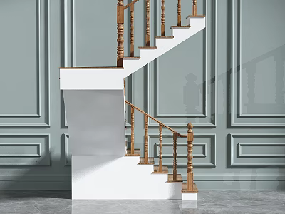 Staircase Components With Wooden Handrail White Steps And Paneled Gray Walls 3d model