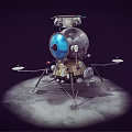 Vintage Lunar Lander Spacecraft With Blue Dome And Metal Legs On Gray Ground