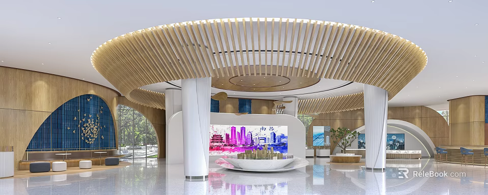 Modern Sales Office Interior With Curved Wooden Ceiling Glass Walls And City Model 3d model 