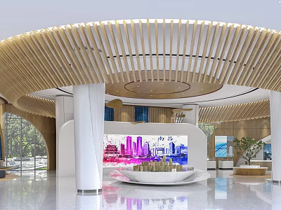 Modern Sales Office Interior With Curved Wooden Ceiling Glass Walls And City Model 3d model
