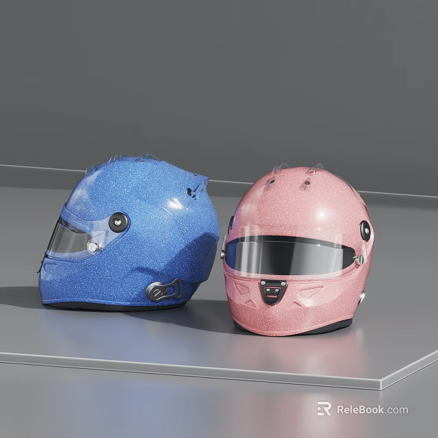 Blue And Pink Racing Helmets With Shiny Surface And Visors On Gray Platform 3d model