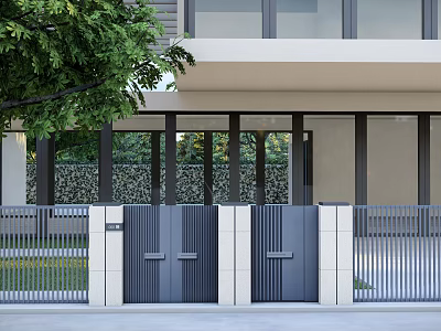 Modern Elegant Villa Entrance Gate With Black Metal Design White Pillars And Green Plants 3d model