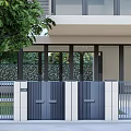 Modern Elegant Villa Entrance Gate With Black Metal Design White Pillars And Green Plants