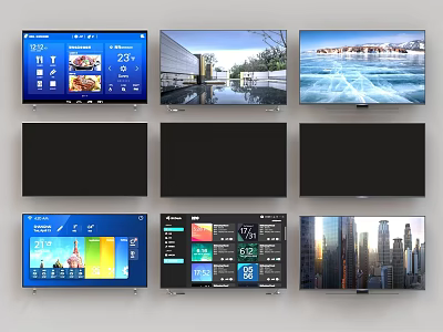 Modern Wall Mounted TVs Featuring Various Screen Displays Landscapes And City Views 3d model