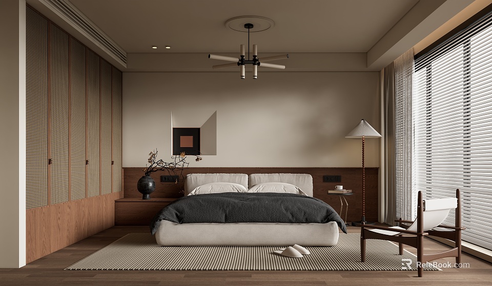 Modern Bedroom Interior Design With Wooden Wall Panels Large Bed And Floor Lamp 3d model 