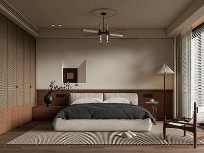 Modern Bedroom Interior Design With Wooden Wall Panels Large Bed And Floor Lamp 3d model