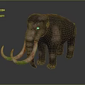 Realistic Mammoth 3D Model Featuring Green and Red Tusks and Gray Skin on Dark Background
