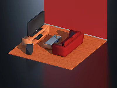 Cartoon Living Room Scene With Red Sofa TV Stand TV And Wooden Floor Area Rug 3d model
