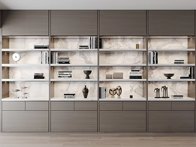 Modern Built in Bookcase with Gray Cabinets Marble Back Panel and Decorative Items 3d model