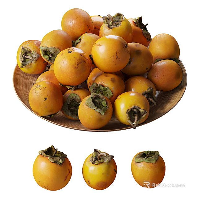 Multiple Fresh Ripe Healthy Orange Yellow Persimmons Arranged in Wooden Bowl 3d model 