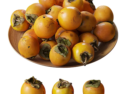 Multiple Fresh Ripe Healthy Orange Yellow Persimmons Arranged in Wooden Bowl 3d model