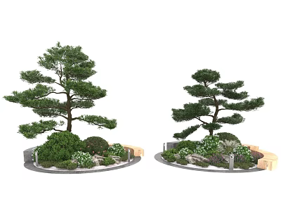 Elegant Pine Tree Landscape Design With Green Shrubs And Decorative Stones 3d model