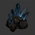 Glowing Blue Crystal Cluster With Rock Base On Dark Background 3d model