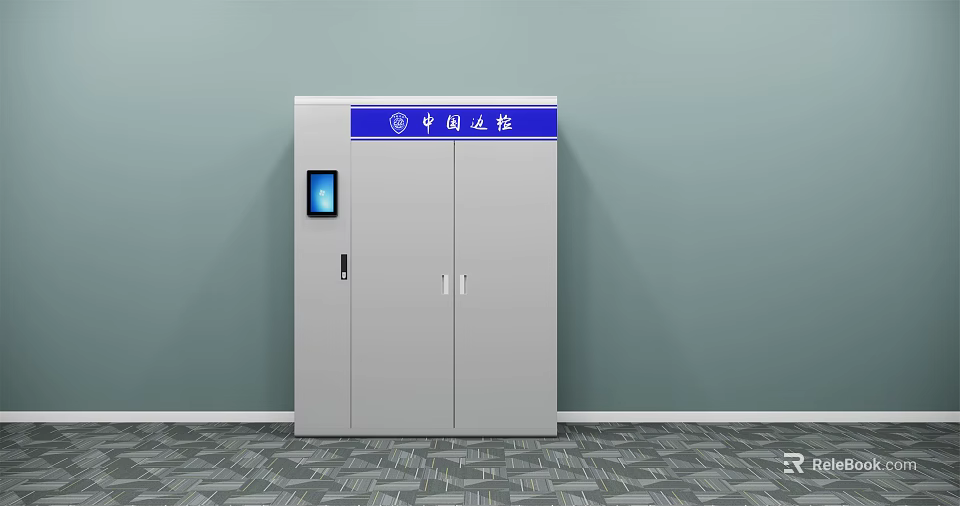 Gray Double Door Bookcase with Blue Top Sign and Left Screen for China Border Inspection 3d model 
