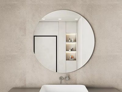 Round Mirror on Bathroom Wall Reflecting Shelved Cabinets and Door 3d model